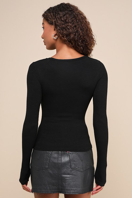 Flirty Little Secret Black Ribbed Cutout Long Sleeve Top