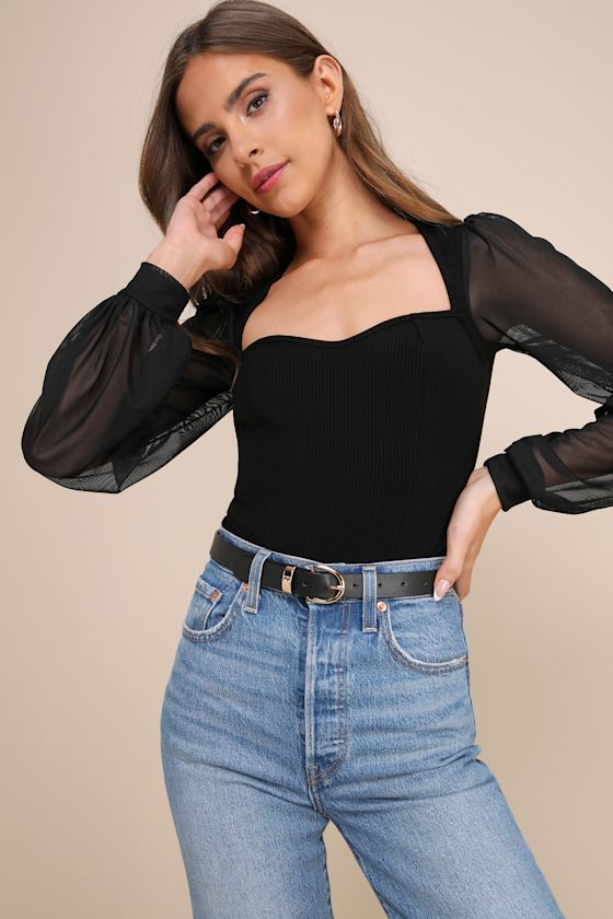 Sensational Sweetheart Black Ribbed Balloon Sleeve Bodysuit