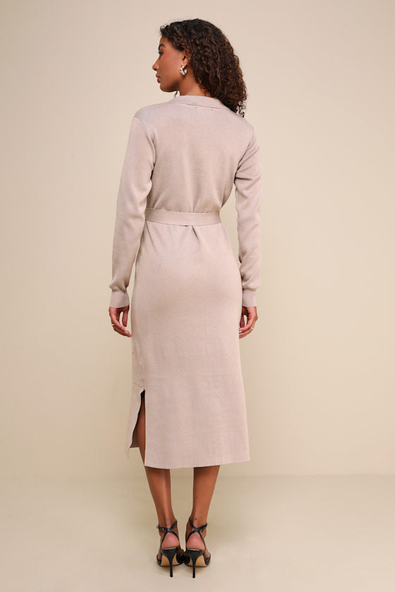 Charming Comfort Beige Collared Button-Up Sweater Dress