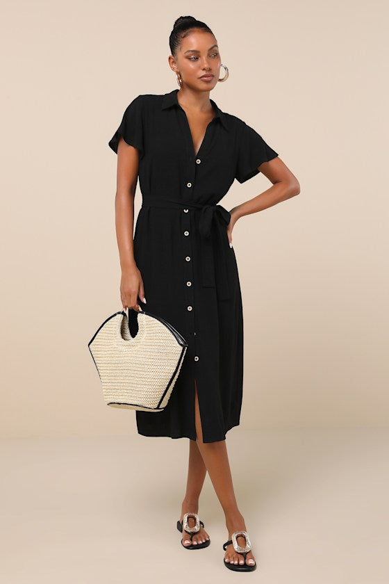 Italian Summer Black Linen Button-Up Short Sleeve Midi Dress