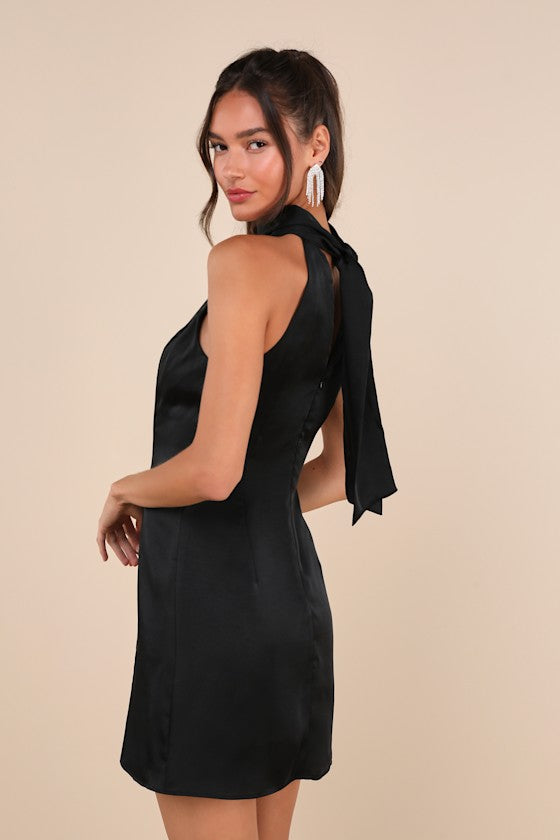 Infinite Admiration Black Satin Halter Mini Dress