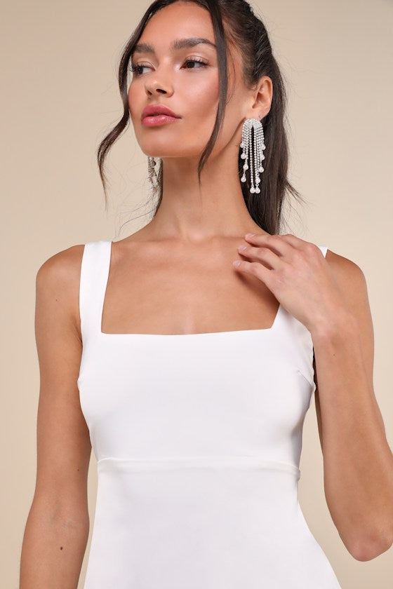 Truly the Cutest White Satin Square Neck Mini Dress