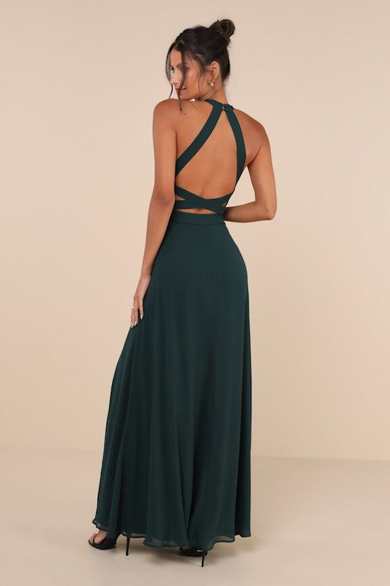 Confidently Charismatic Emerald Backless Halter Maxi Dress