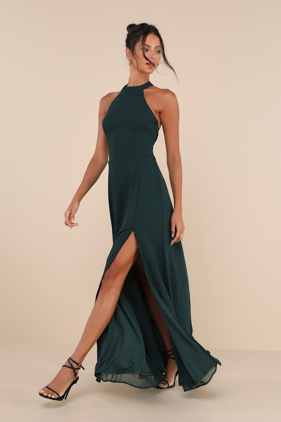 Confidently Charismatic Emerald Backless Halter Maxi Dress