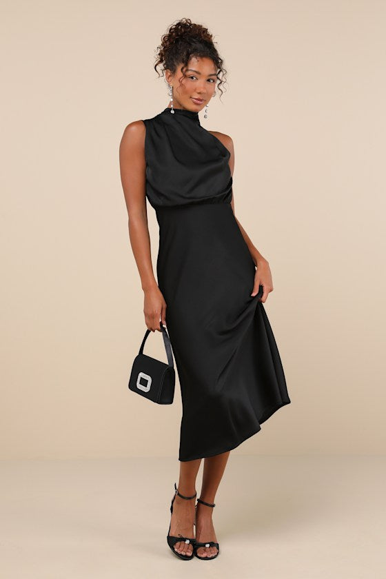 Distinctive Charm Black Satin Asymmetrical Midi Dress