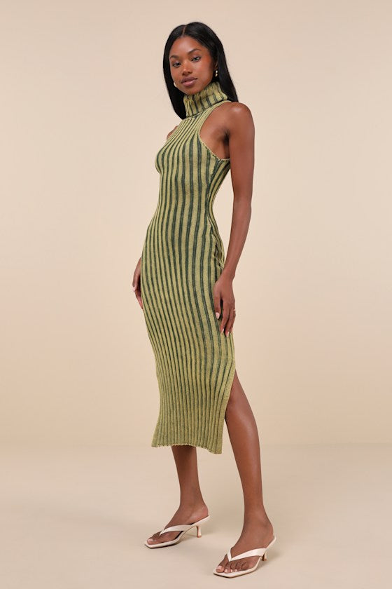 Truly Magnetic Washed Green Ribbed Turtleneck Midi Sweater Dress