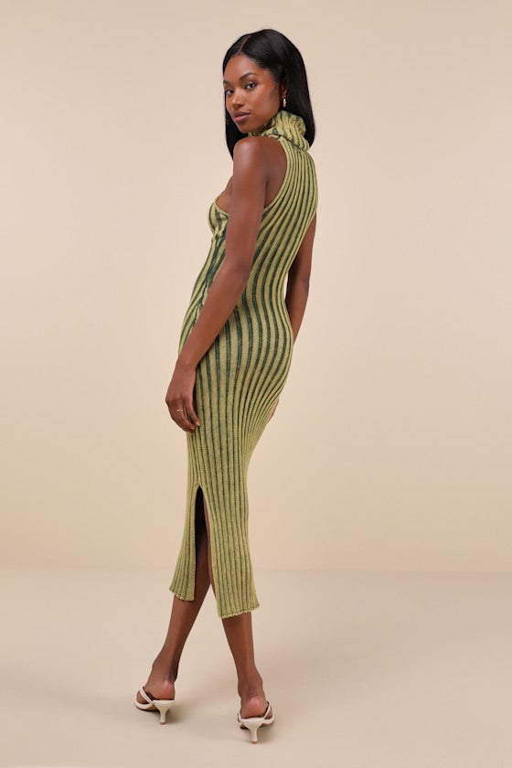 Truly Magnetic Washed Green Ribbed Turtleneck Midi Sweater Dress