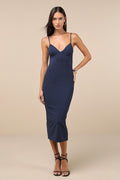 Sophisticated Soiree Navy Blue Bustier Midi Bodycon Dress