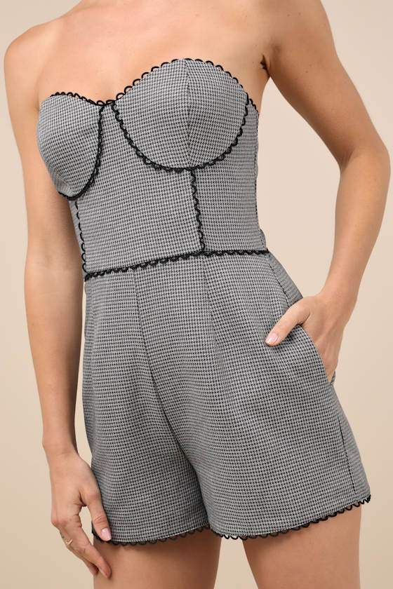 Sophisticated Attitude Grey Houndstooth Strapless Bustier Romper