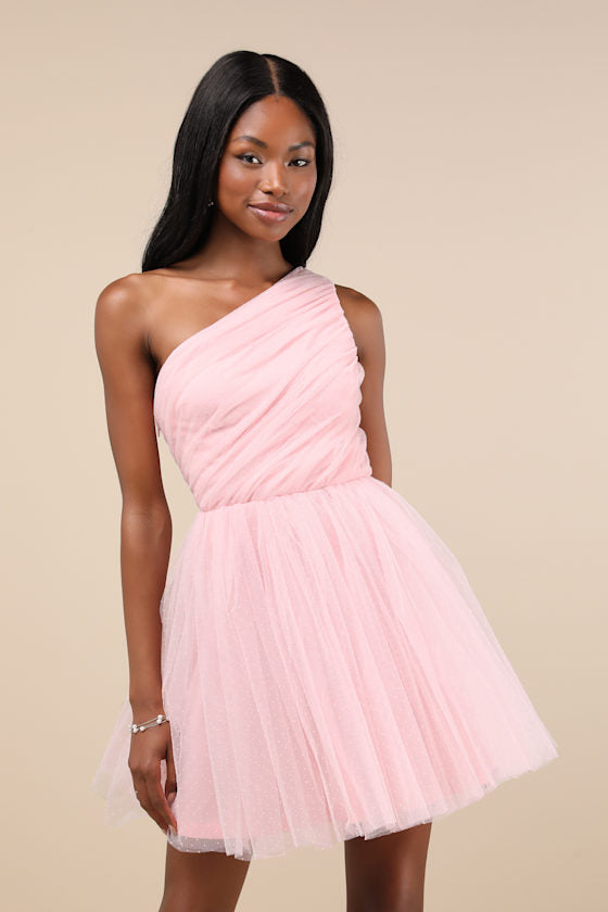 Exceptional Moments Light Pink Swiss Dot One-Shoulder Mini Dress