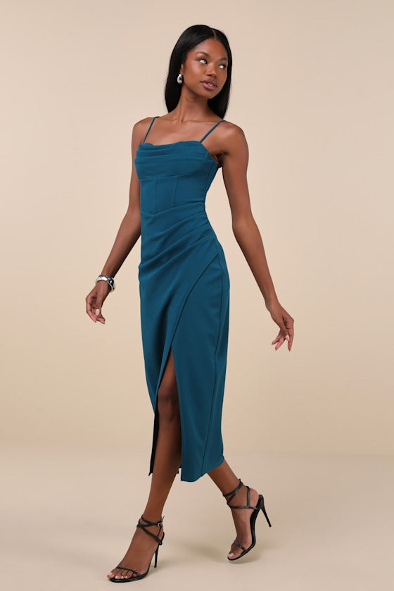 Always Turning Heads Dark Teal Bustier Tulip Midi Dress