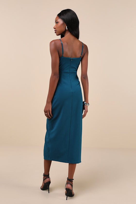 Always Turning Heads Dark Teal Bustier Tulip Midi Dress