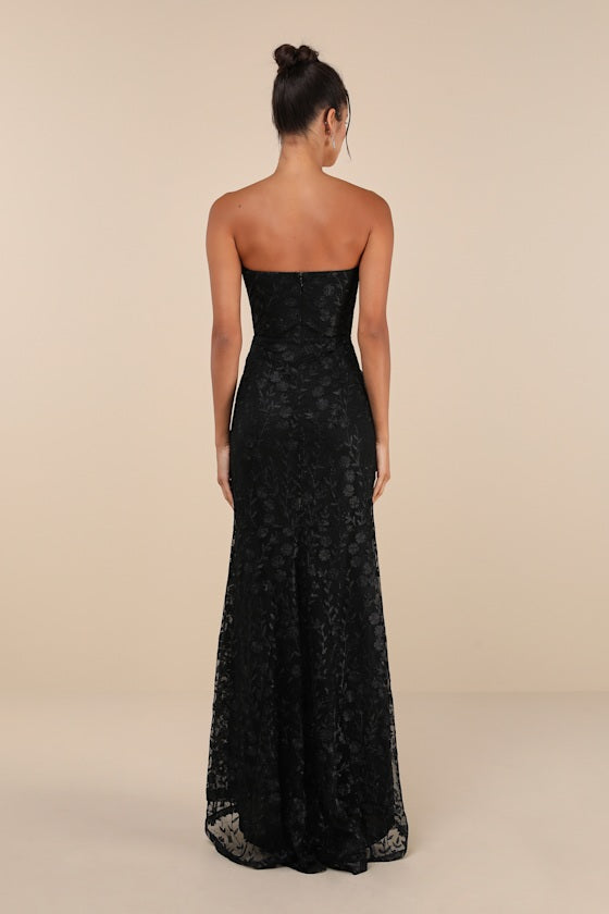 Romantic Beauty Black Floral Embroidered Strapless Maxi Dress