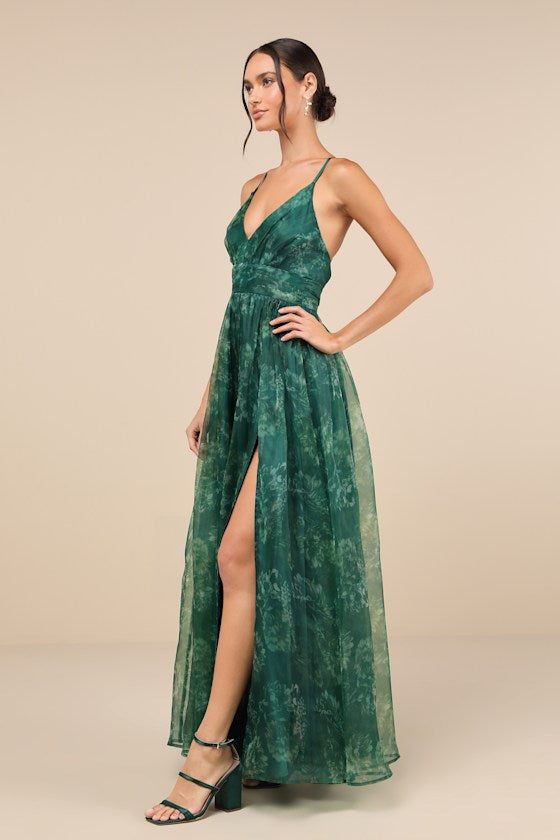 Romance That Wows Green Floral Print Organza Maxi Dress