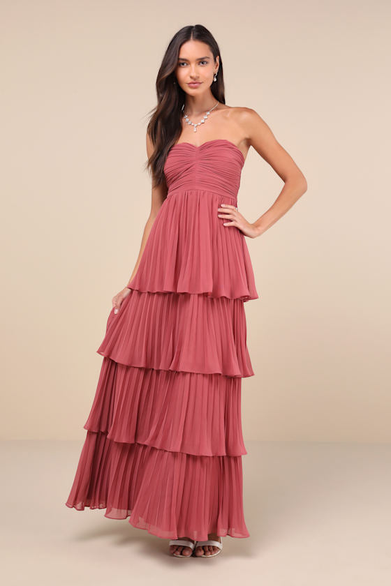 Seriously Sensational Rusty Rose Strapless Tiered Maxi Dress