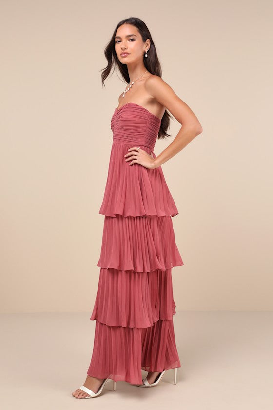 Seriously Sensational Rusty Rose Strapless Tiered Maxi Dress
