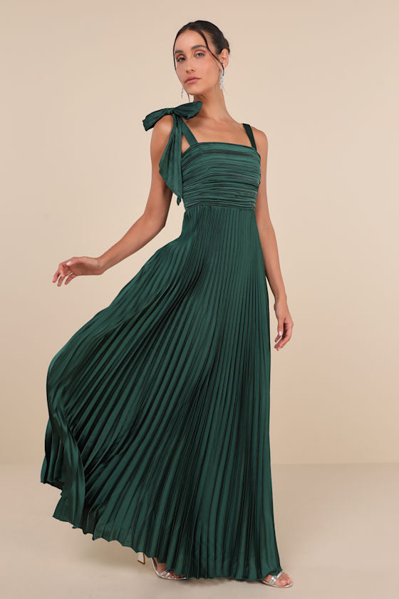 Gorgeous Purpose Emerald Satin Pleated Sleeveless Bow Maxi Dress