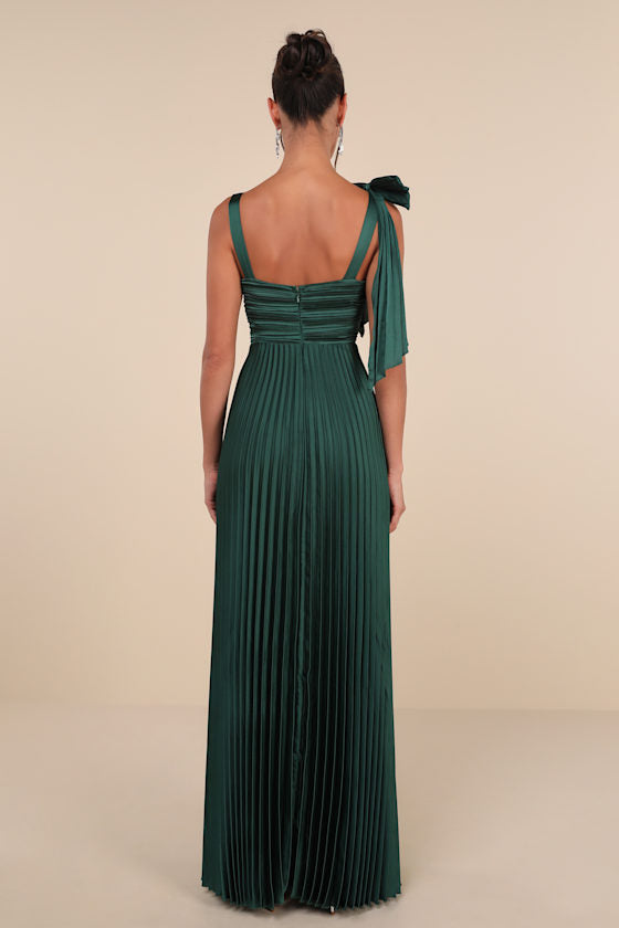 Gorgeous Purpose Emerald Satin Pleated Sleeveless Bow Maxi Dress
