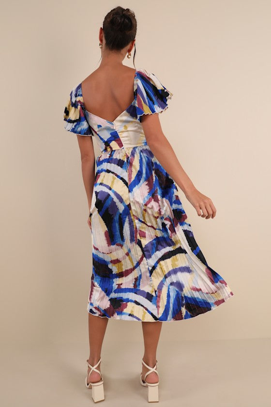Authentically Yours Blue Multi Abstract Print Satin Midi Dress