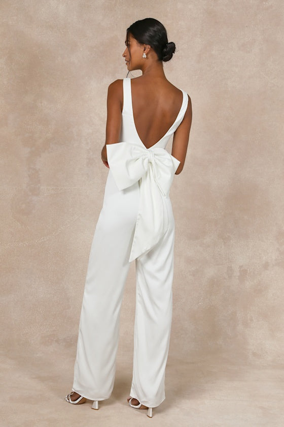 Angelic Aesthetic Ivory Satin Bow Back Sleeveless Jumpsuit