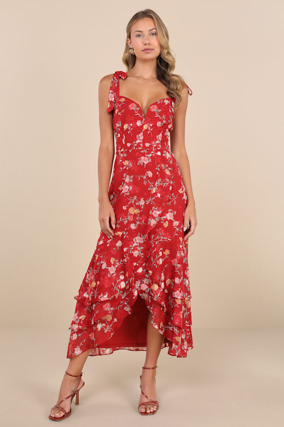 So Elevated Red Floral Jacquard Tie-Strap High-Low Midi Dress