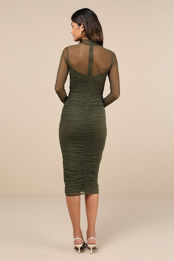 Impressive Flirt Olive Green Mesh Ruched Mock Neck Midi Dress