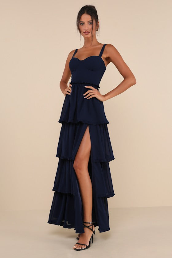 Sophisticated Occasion Navy Blue Bustier Lace-Up Maxi Dress