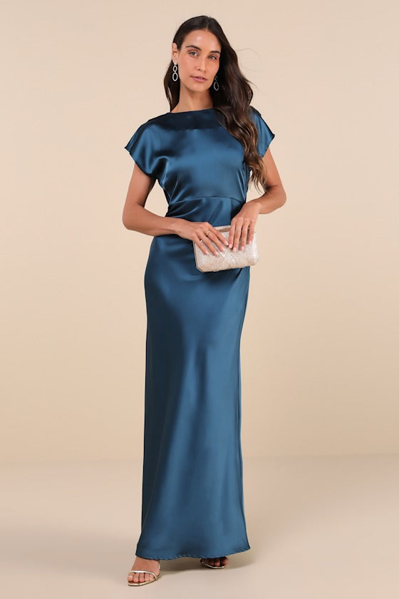 Captivating Presence Dark Teal Satin Cowl Back Maxi Dress