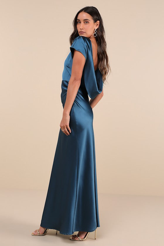 Captivating Presence Dark Teal Satin Cowl Back Maxi Dress