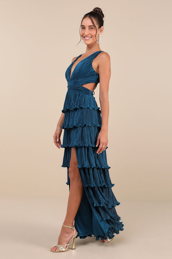 Beauty Icon Dark Teal Satin Pleated Tiered Lace-Up Maxi Dress
