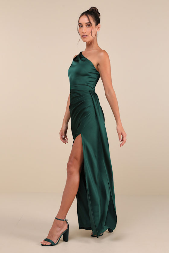 Signature Elegance Emerald Satin One-Shoulder Maxi Dress