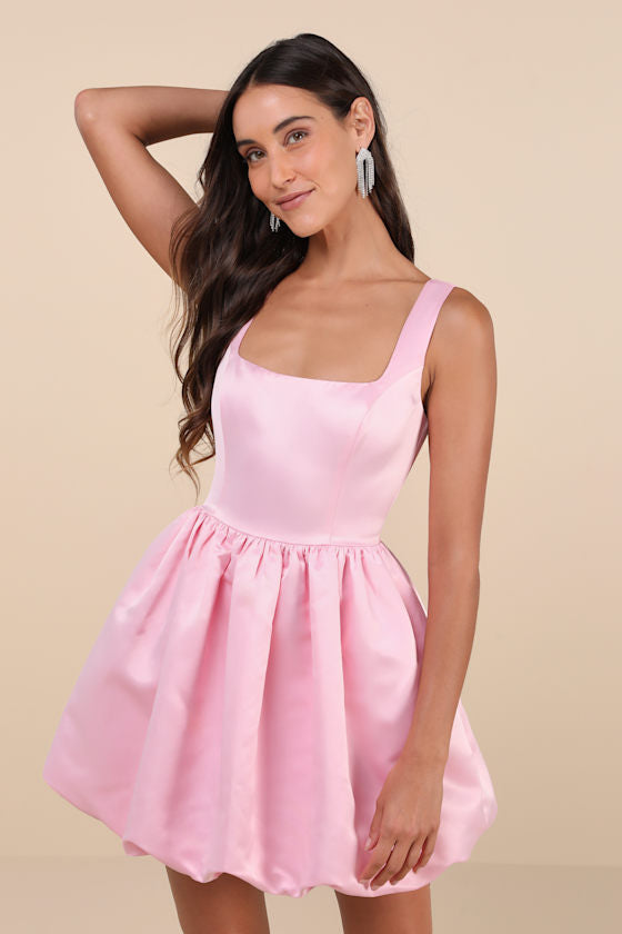 Regal Cutie Light Pink Satin Square Neck Bubble-Hem Mini Dress