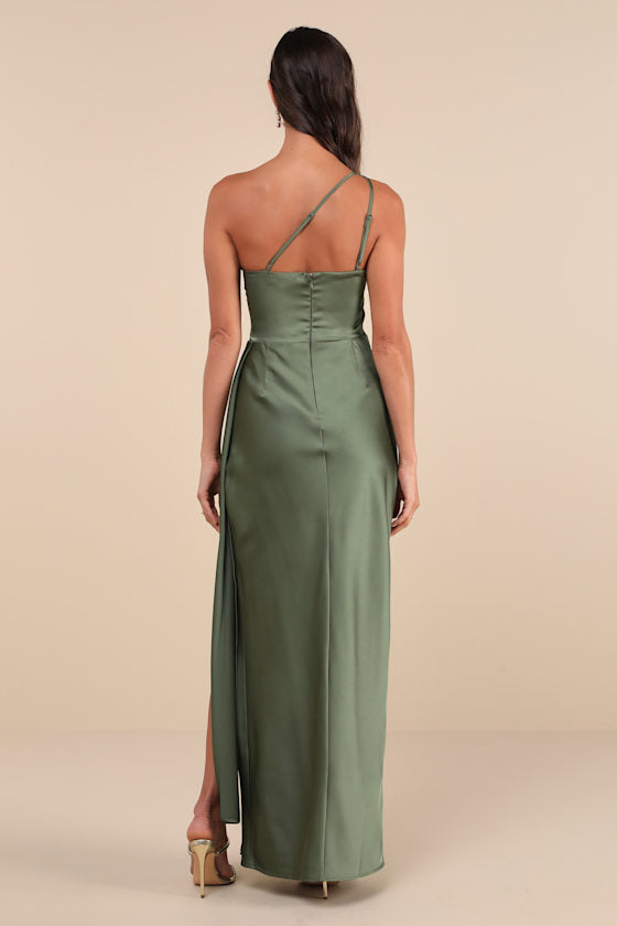 Signature Elegance Olive Green Satin One-Shoulder Maxi Dress