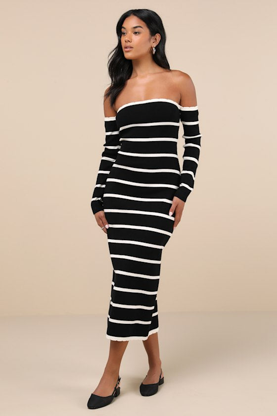 Chicest Side Black Striped Off-the-Shoulder Midi Sweater Dress