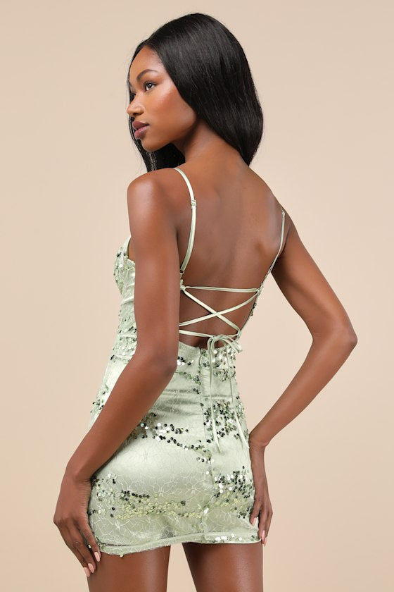 Riveting Shine Light Sage Green Lace Sequin Lace-Up Mini Dress