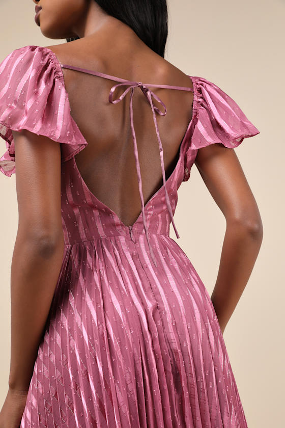 Standout Sophistication Mauve Lurex Flutter Sleeve Midi Dress