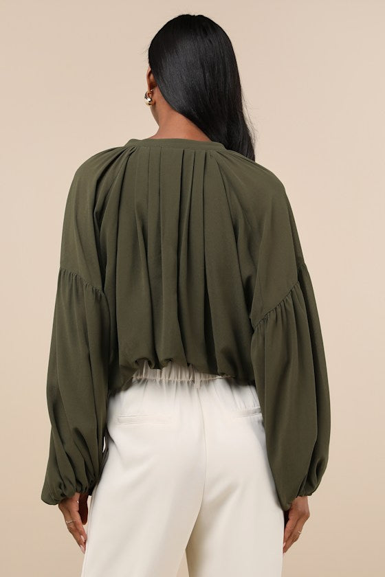 Season of Blooms Olive Green Balloon Sleeve Top