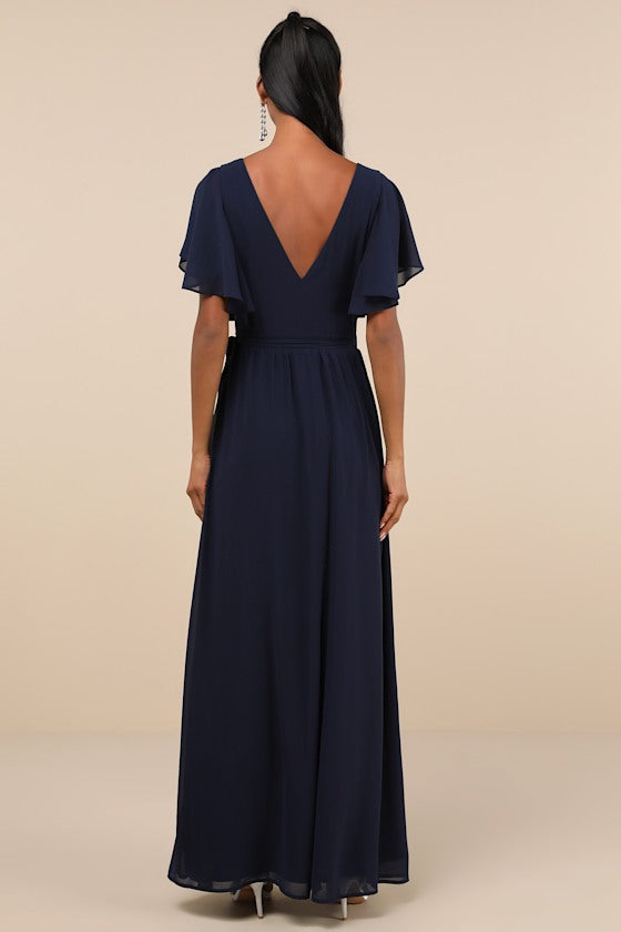 Convincing Grace Navy Blue Flutter Sleeve Wrap Maxi Dress