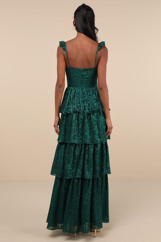 Stunning Glory Hunter Green Floral Jacquard Tiered Maxi Dress