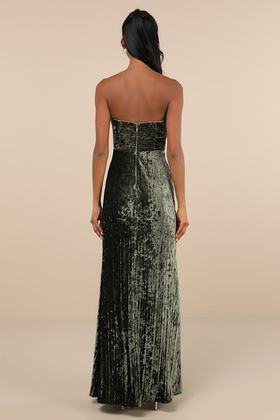 Classy Sensation Olive Velvet Pleated Strapless Maxi Dress