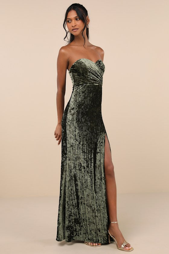 Classy Sensation Olive Velvet Pleated Strapless Maxi Dress