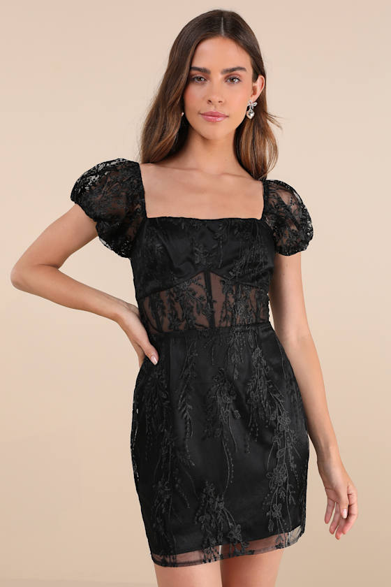 Seriously Cute Black Embroidered Mesh Puff Sleeve Mini Dress