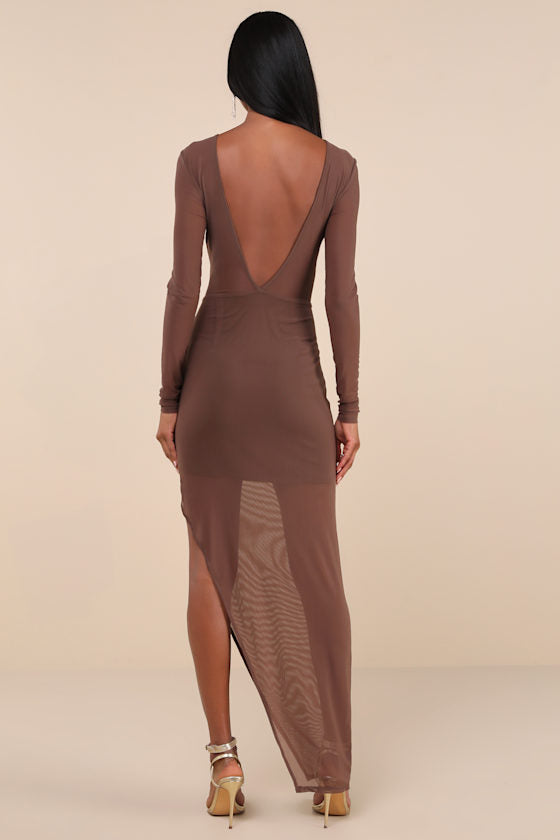 Alluring Silhouette Dark Brown Sheer Mesh Backless Maxi Dress