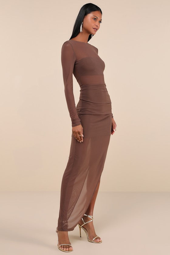 Alluring Silhouette Dark Brown Sheer Mesh Backless Maxi Dress