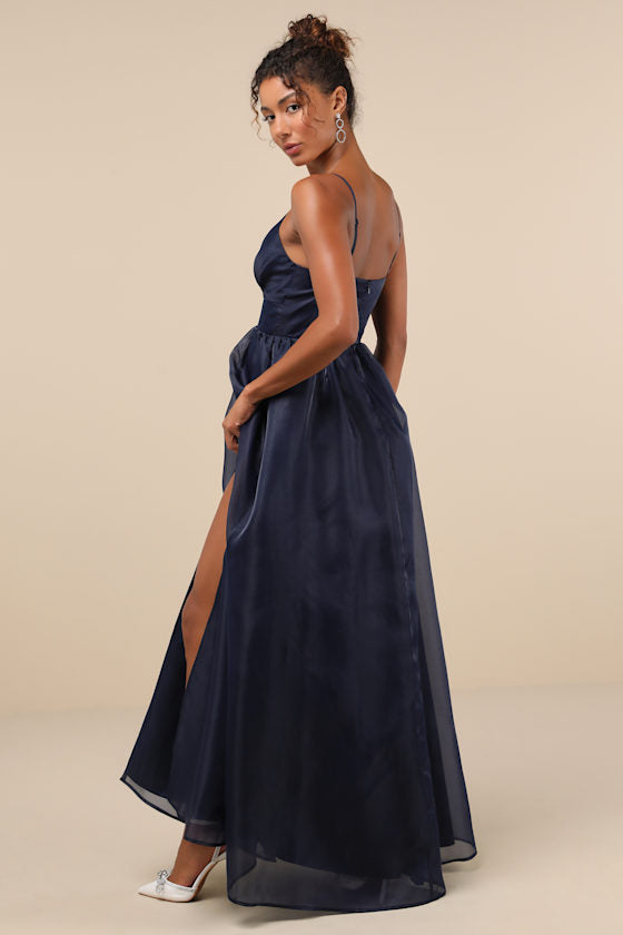 Authentic Glamour Navy Organza Sleeveless Cutout Maxi Dress