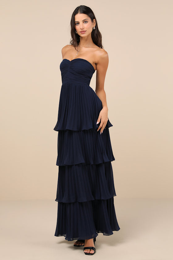 Seriously Sensational Navy Blue Strapless Tiered Maxi Dress