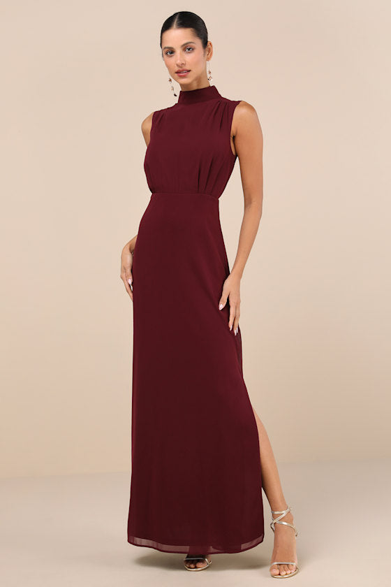 Classic Elegance Plum Chiffon Sleeveless Mock Neck Maxi Dress