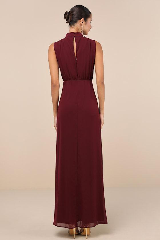 Classic Elegance Plum Chiffon Sleeveless Mock Neck Maxi Dress