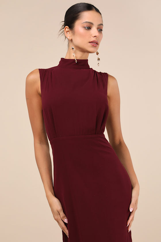 Classic Elegance Plum Chiffon Sleeveless Mock Neck Maxi Dress