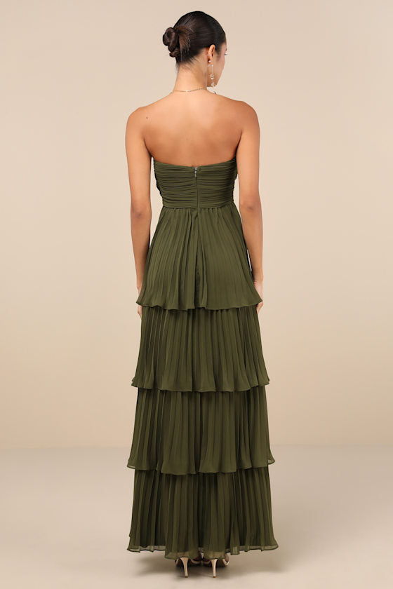 Seriously Sensational Olive Green Strapless Tiered Maxi Dress